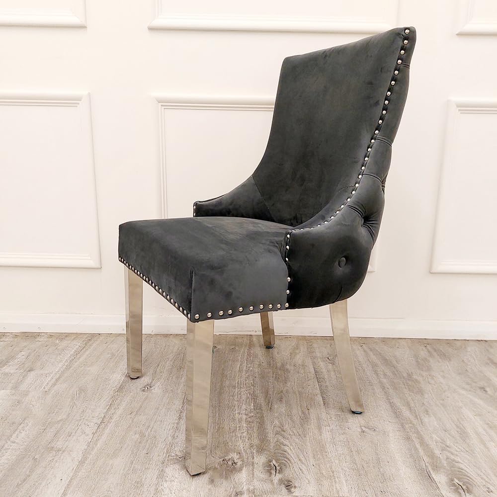 Kensington Velvet Dining Chair Set of 2 – Deep Buttoned Back & Chrome Legs – Modern Upholstered Dining Room Chairs – Studded Velvet Chairs for Dining Table