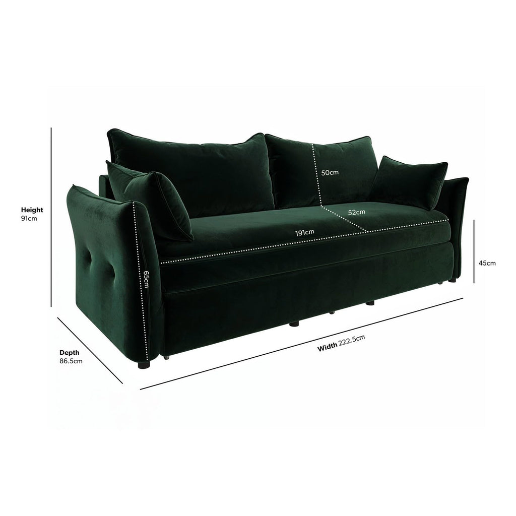 3 Seater Velvet Sofa Bed – Pull-Out Futon with Storage, Memory Foam Mattress & Cushions – Bed Sleeper in Navy and Green – Compact Sofa for Living Room or Guest Room