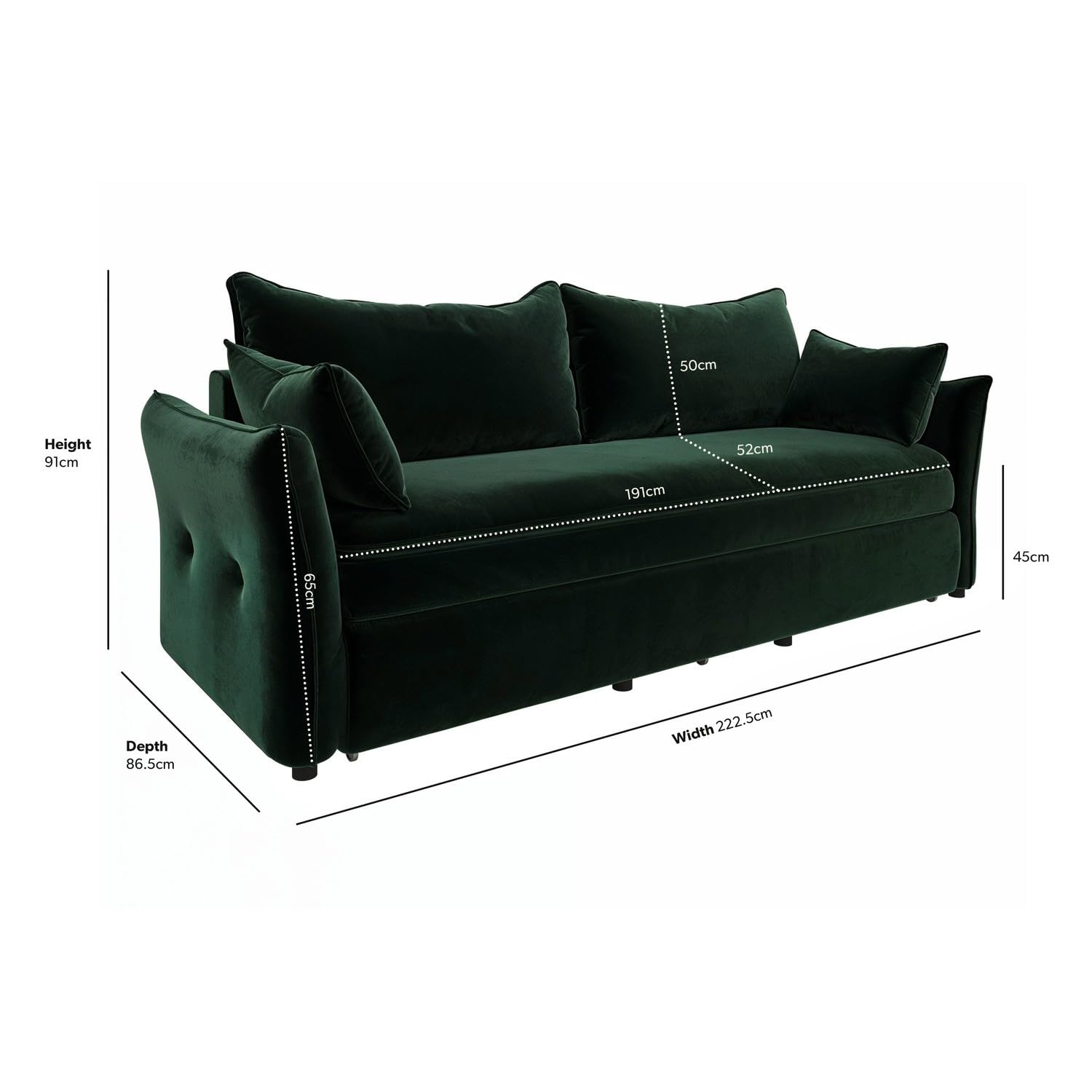 3 Seater Velvet Sofa Bed – Pull-Out Futon with Storage, Memory Foam Mattress & Cushions – Bed Sleeper in Navy and Green – Compact Sofa for Living Room or Guest Room