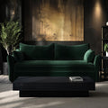 3 Seater Velvet Sofa Bed – Pull-Out Futon with Storage, Memory Foam Mattress & Cushions – Bed Sleeper in Navy and Green – Compact Sofa for Living Room or Guest Room