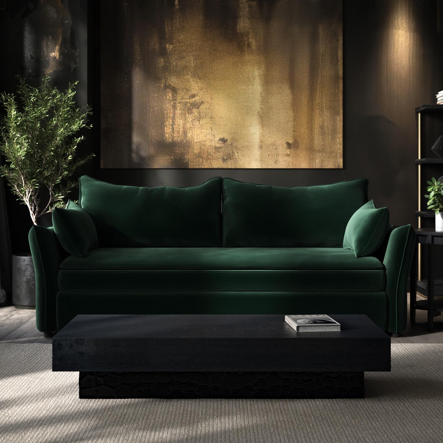 3 Seater Velvet Sofa Bed – Pull-Out Futon with Storage, Memory Foam Mattress & Cushions – Bed Sleeper in Navy and Green – Compact Sofa for Living Room or Guest Room