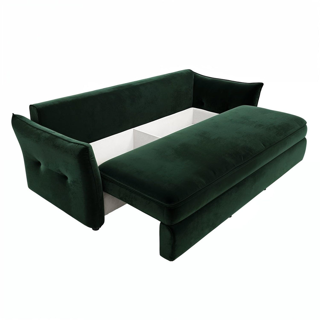 3 Seater Velvet Sofa Bed – Pull-Out Futon with Storage, Memory Foam Mattress & Cushions – Bed Sleeper in Navy and Green – Compact Sofa for Living Room or Guest Room