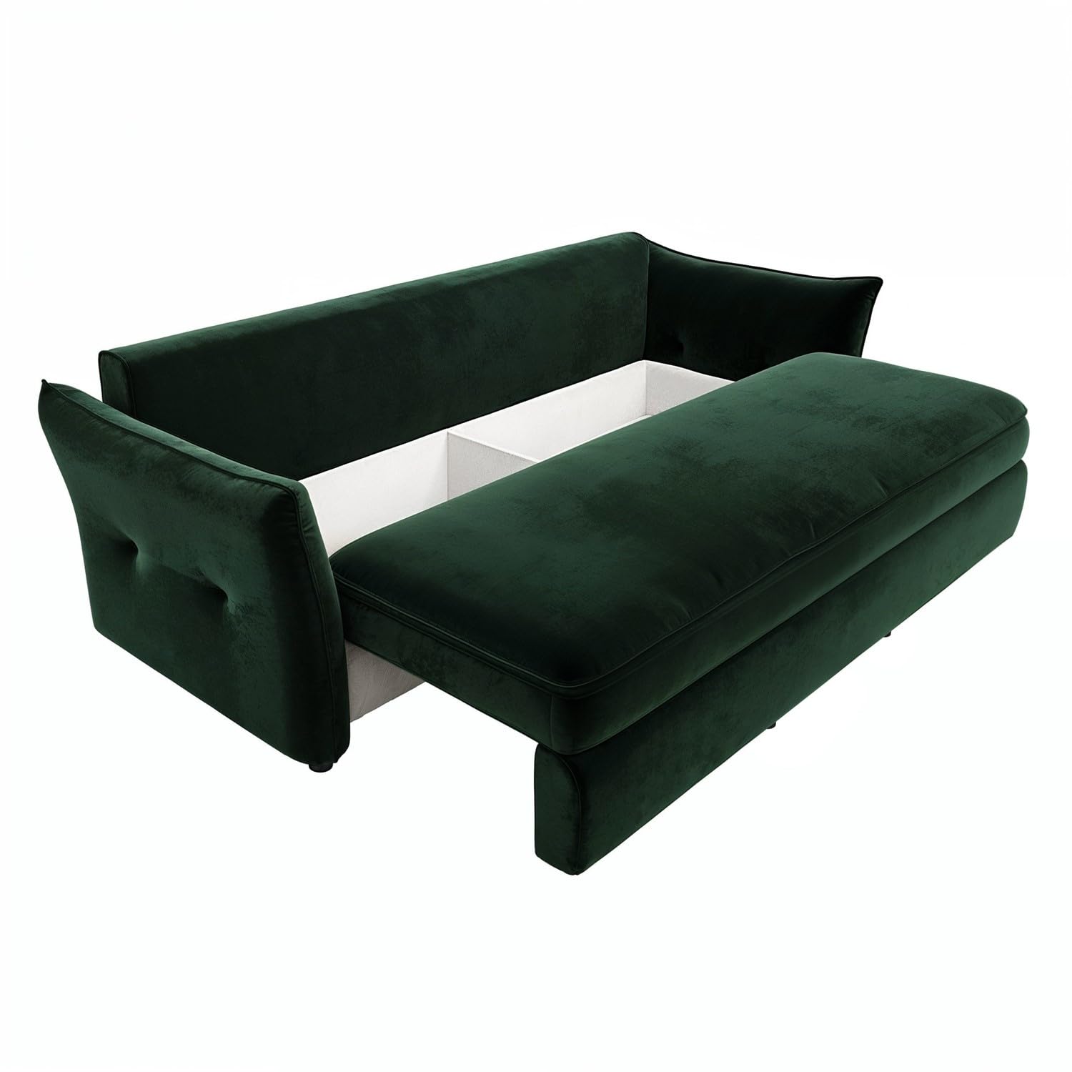 3 Seater Velvet Sofa Bed – Pull-Out Futon with Storage, Memory Foam Mattress & Cushions – Bed Sleeper in Navy and Green – Compact Sofa for Living Room or Guest Room