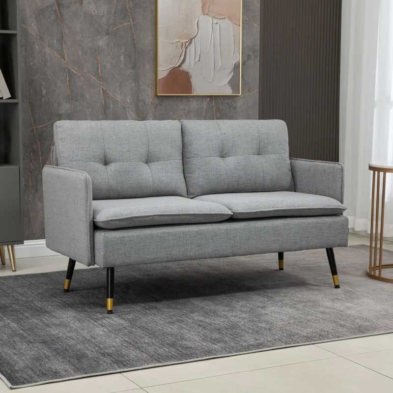 Button Tufted 2 Seater Sofa  Grey  Modern Compact Living Room Sofa UK
