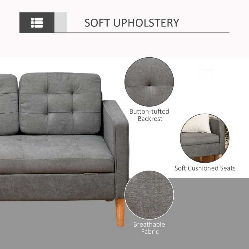 Modern Grey 3 Seater Sofa with Button Tufted Design & Hidden Storage – Space Saving Living Room Furniture UK