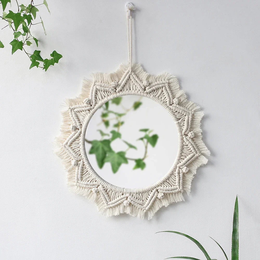 Boho Macrame Round Wall Mirror – Decorative Hanging Mirror for Bedroom & Living Room - Cream with Hanging Leaves
