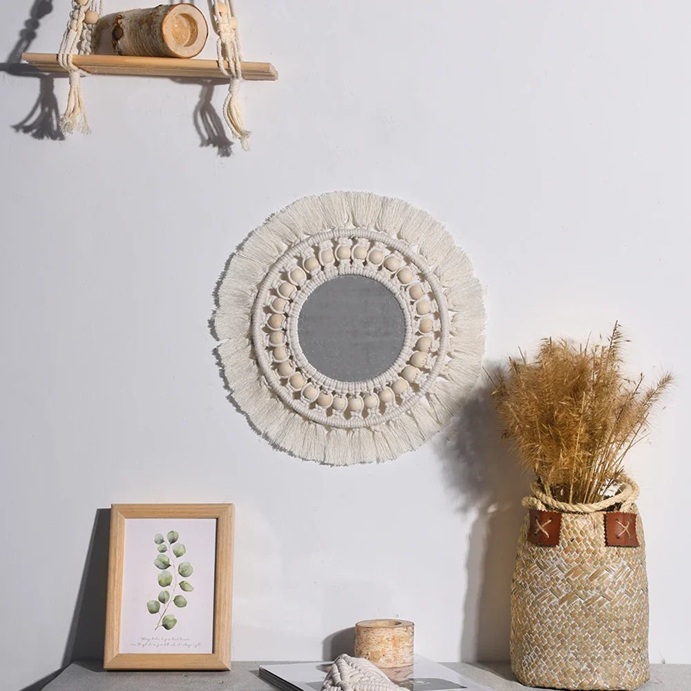 Boho Macrame Round Wall Mirror – Decorative Hanging Mirror for Bedroom & Living Room - Cream with Hanging Leaves
