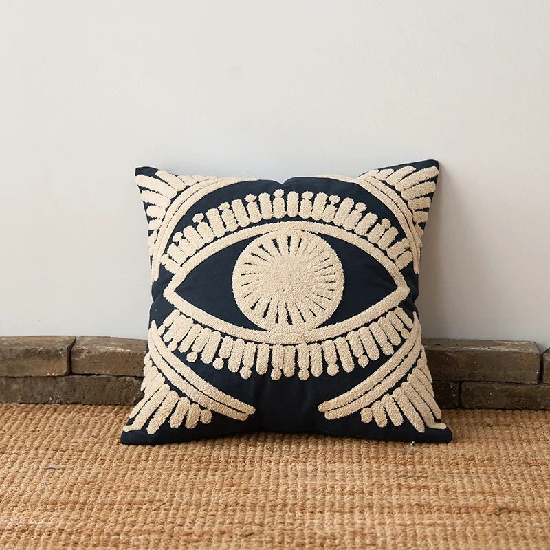 Evil Eye Embroidered Cotton Cushion Cover