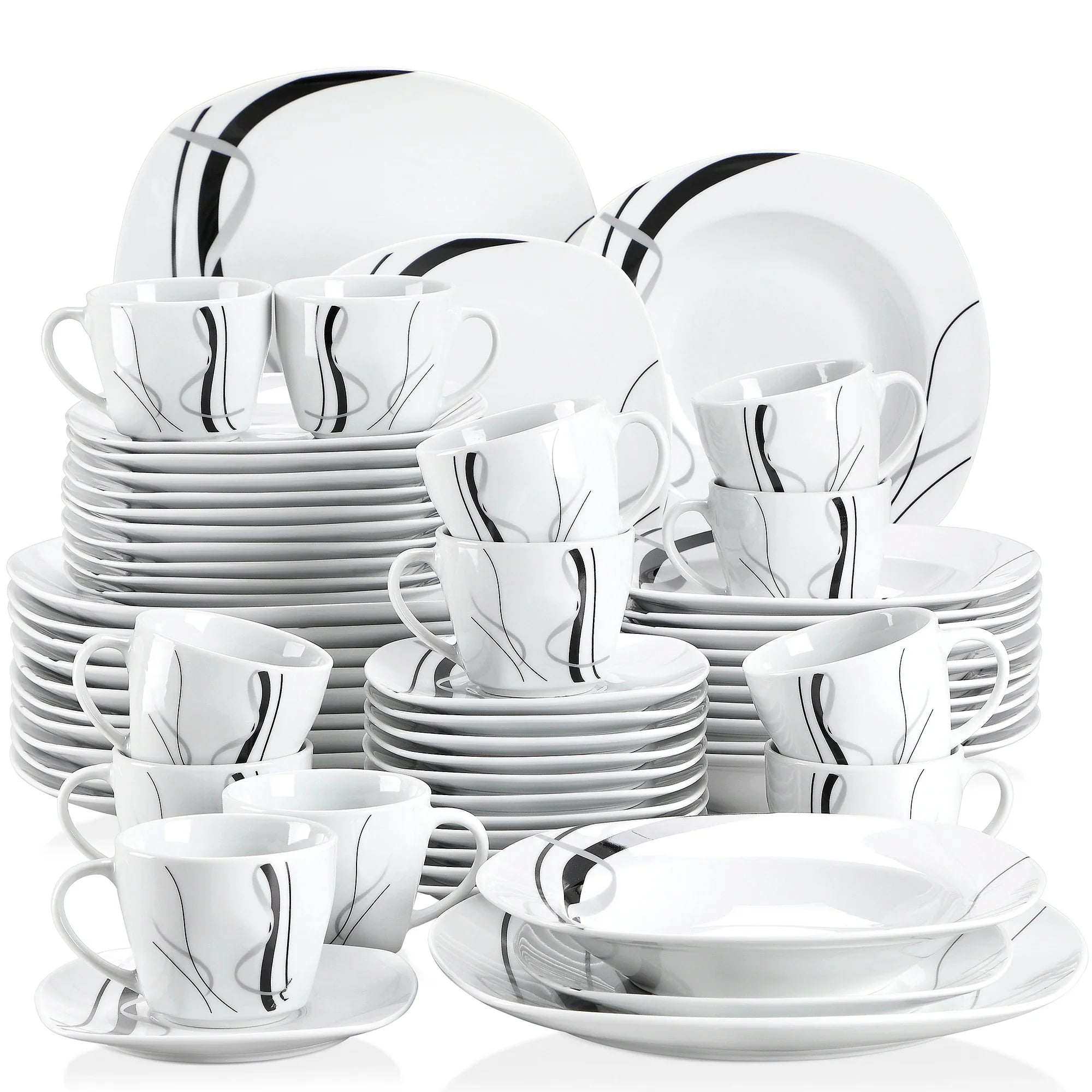 VEWEET FIONA Porcelain Tableware Set – 30/60-Piece Black Line Dinner, Soup & Dessert Plates with Cups & Saucers