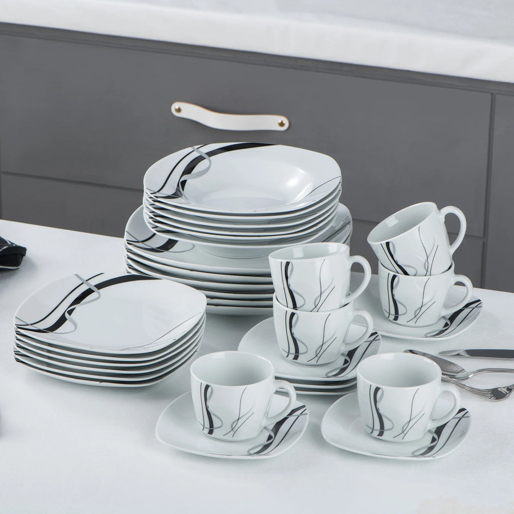 VEWEET FIONA Porcelain Tableware Set – 30/60-Piece Black Line Dinner, Soup & Dessert Plates with Cups & Saucers