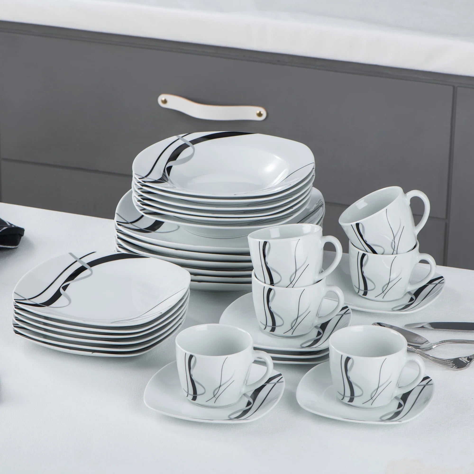 VEWEET FIONA Porcelain Tableware Set – 30/60-Piece Black Line Dinner, Soup & Dessert Plates with Cups & Saucers