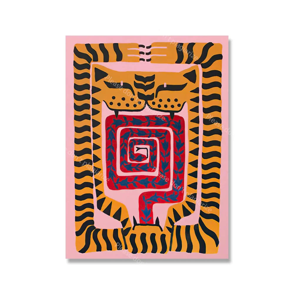 Colorful Abstract Boho Wall Art – Two Tigers Pink Canvas Print