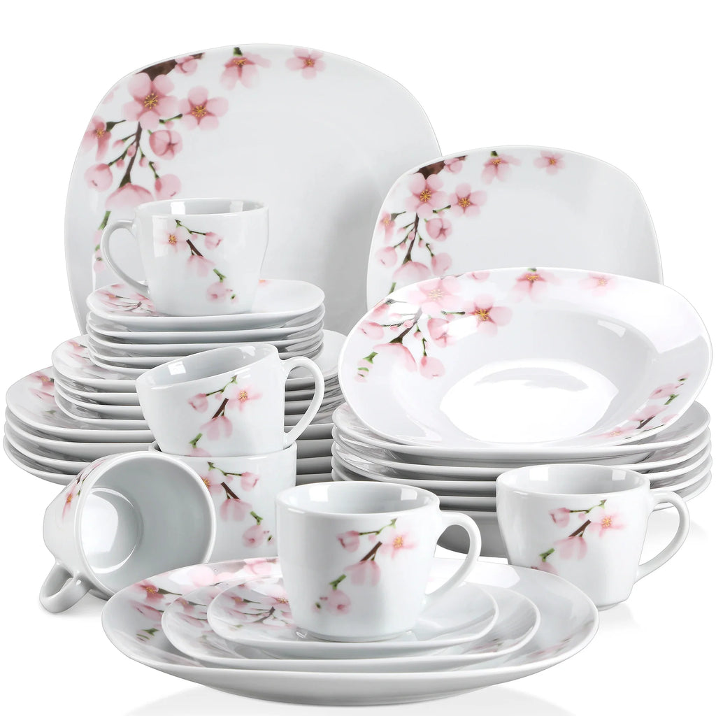 VEWEET ANNIE 60-Piece Porcelain Dinnerware Set – White Ceramic Pink Floral Plates, Bowls, Cups & Saucers for 12 People