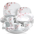 VEWEET ANNIE 60-Piece Porcelain Dinnerware Set – White Ceramic Pink Floral Plates, Bowls, Cups & Saucers for 12 People