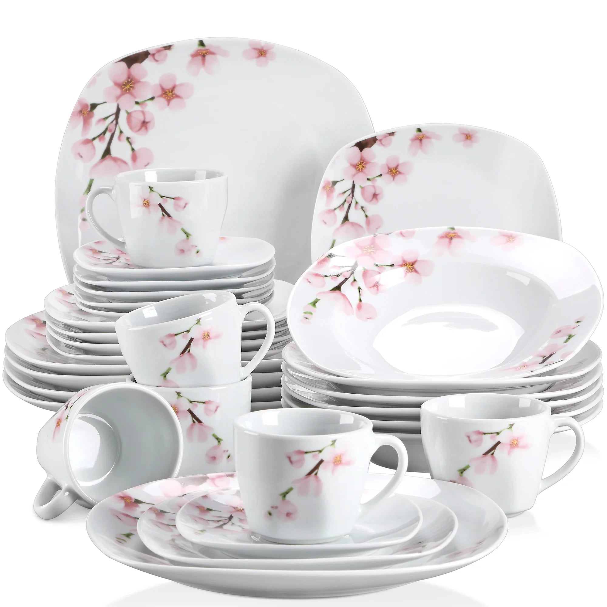 VEWEET ANNIE 60-Piece Porcelain Dinnerware Set – White Ceramic Pink Floral Plates, Bowls, Cups & Saucers for 12 People