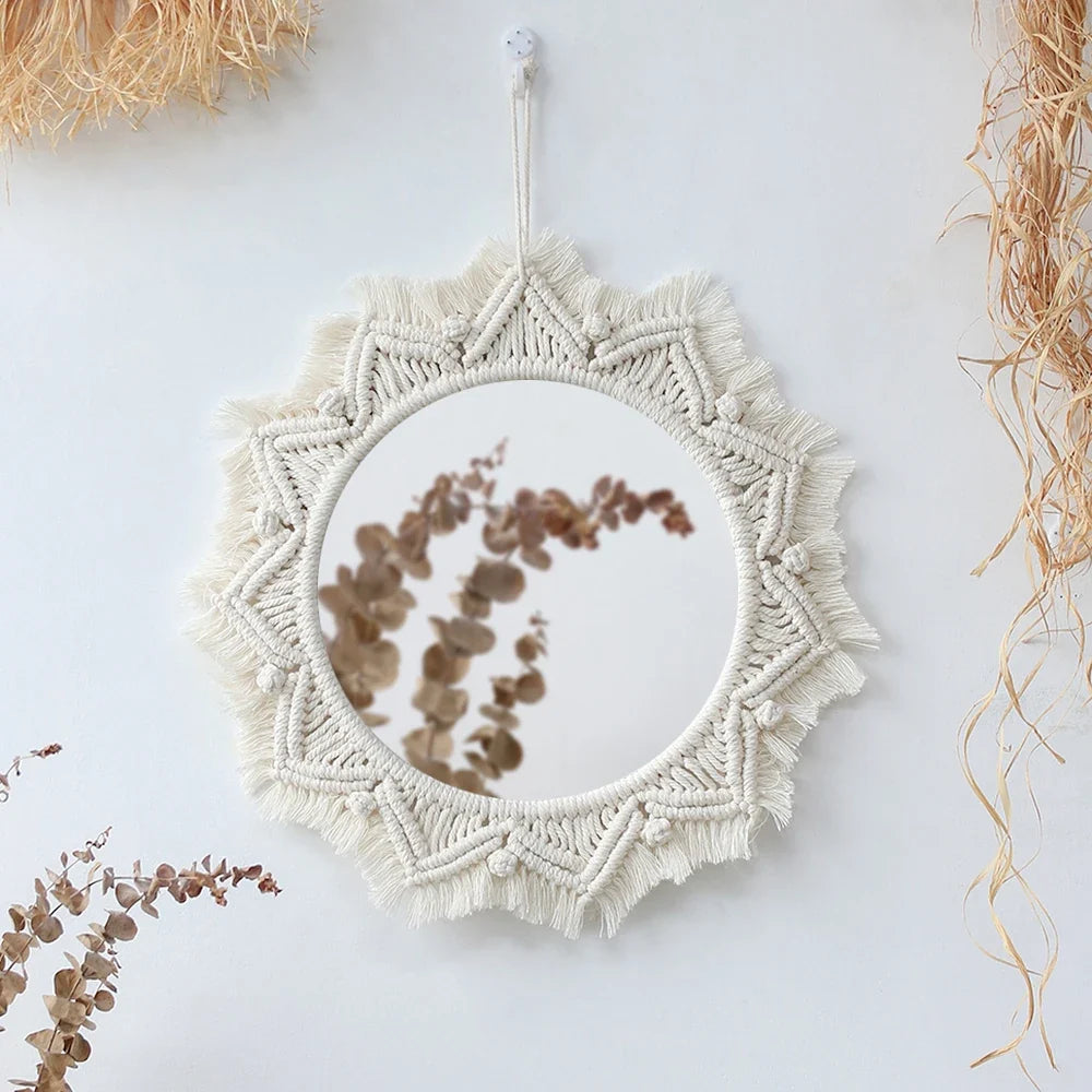 Boho Macrame Round Wall Mirror – Decorative Hanging Mirror for Bedroom & Living Room - Cream with Hanging Leaves