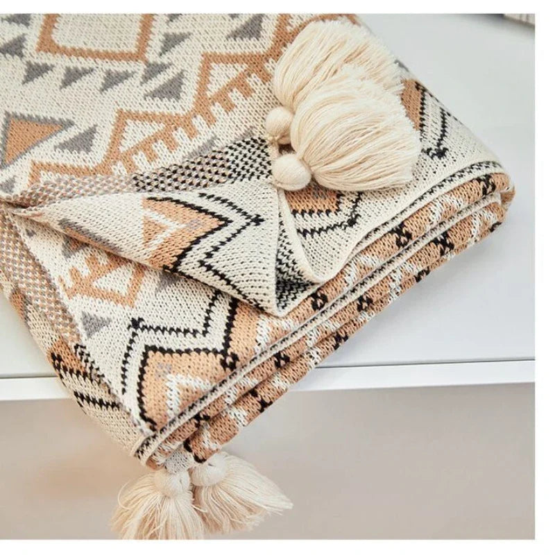 Geometric Boho Knit Throw Blanket With Tassels