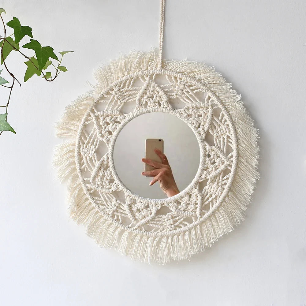 Boho Macrame Round Wall Mirror – Decorative Hanging Mirror for Bedroom & Living Room - Cream with Hanging Leaves