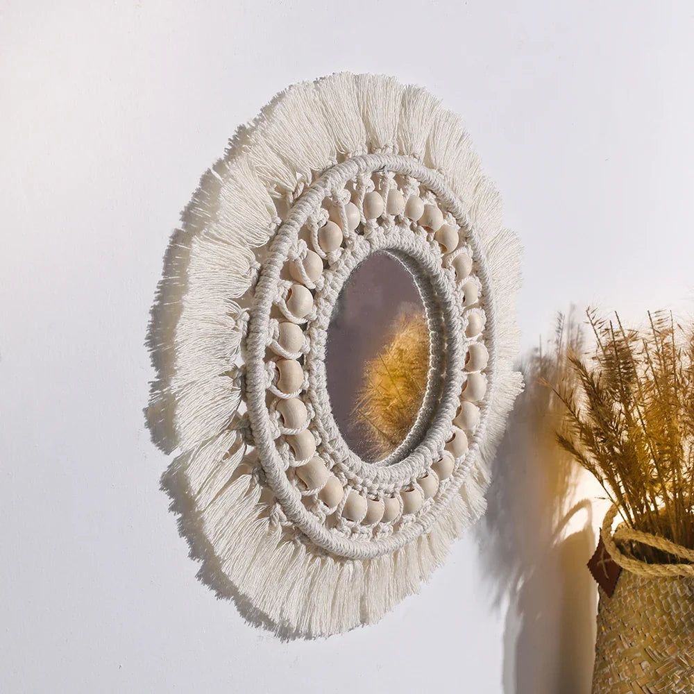 Boho Macrame Round Wall Mirror – Decorative Hanging Mirror for Bedroom & Living Room - Cream with Hanging Leaves