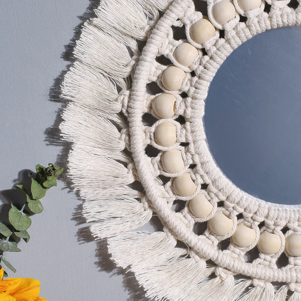 Boho Macrame Round Wall Mirror – Decorative Hanging Mirror for Bedroom & Living Room - Cream with Hanging Leaves