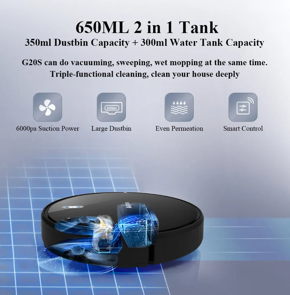 🤖 Robot Vacuum – 6000 Pa Suction, Wi‑Fi App & Dual Wet-Dry Mop