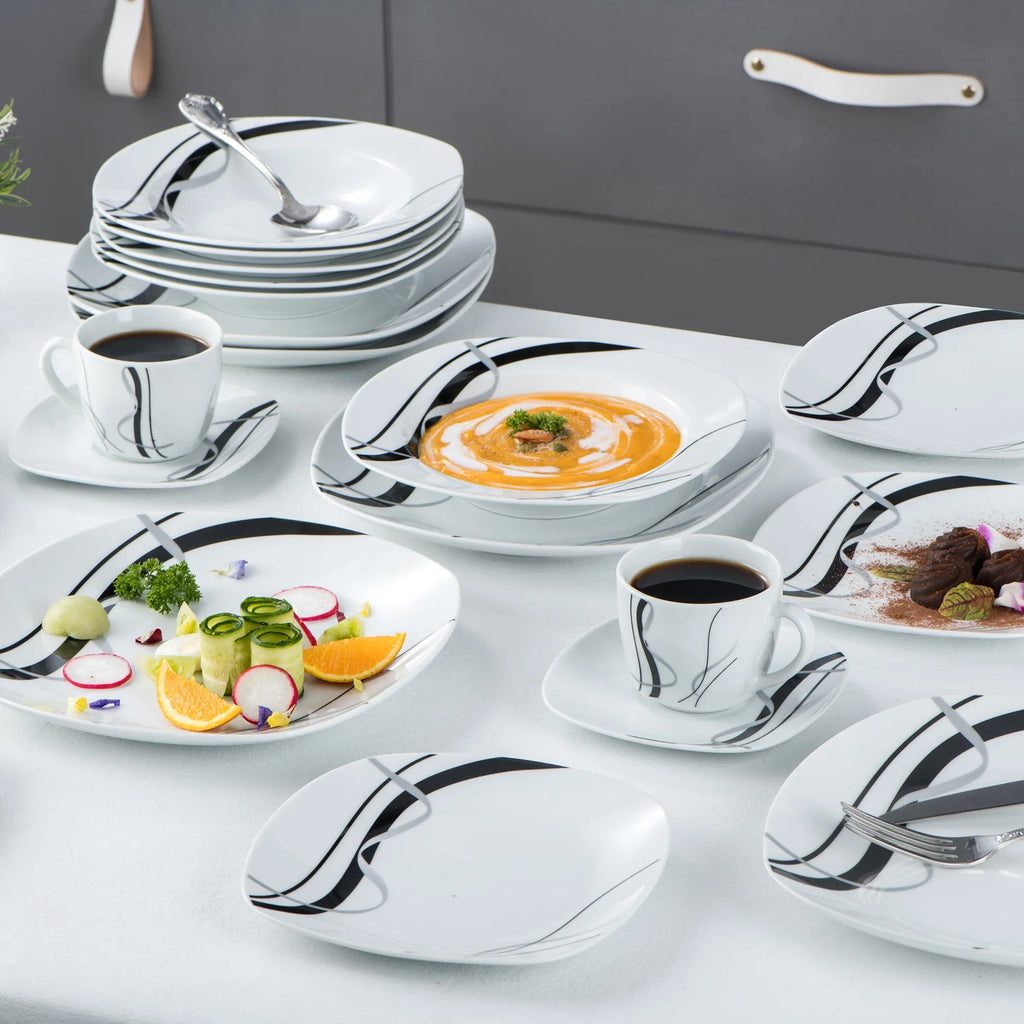 VEWEET FIONA Porcelain Tableware Set – 30/60-Piece Black Line Dinner, Soup & Dessert Plates with Cups & Saucers