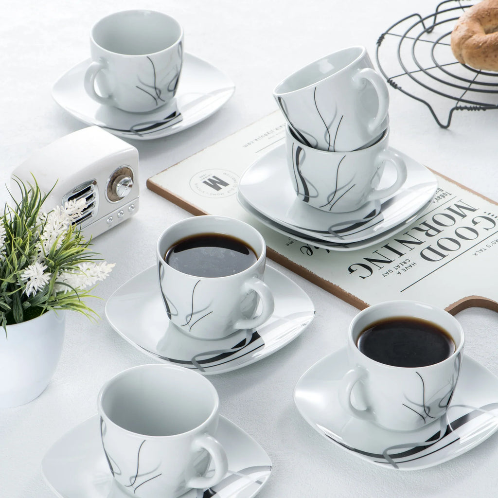 VEWEET FIONA Porcelain Tableware Set – 30/60-Piece Black Line Dinner, Soup & Dessert Plates with Cups & Saucers