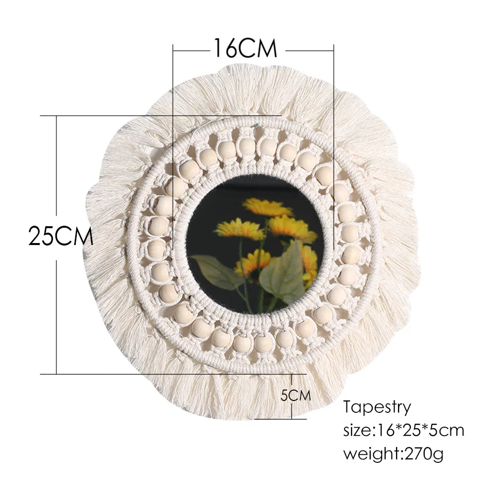Boho Macrame Round Wall Mirror – Decorative Hanging Mirror for Bedroom & Living Room - Natural Knotted Sun