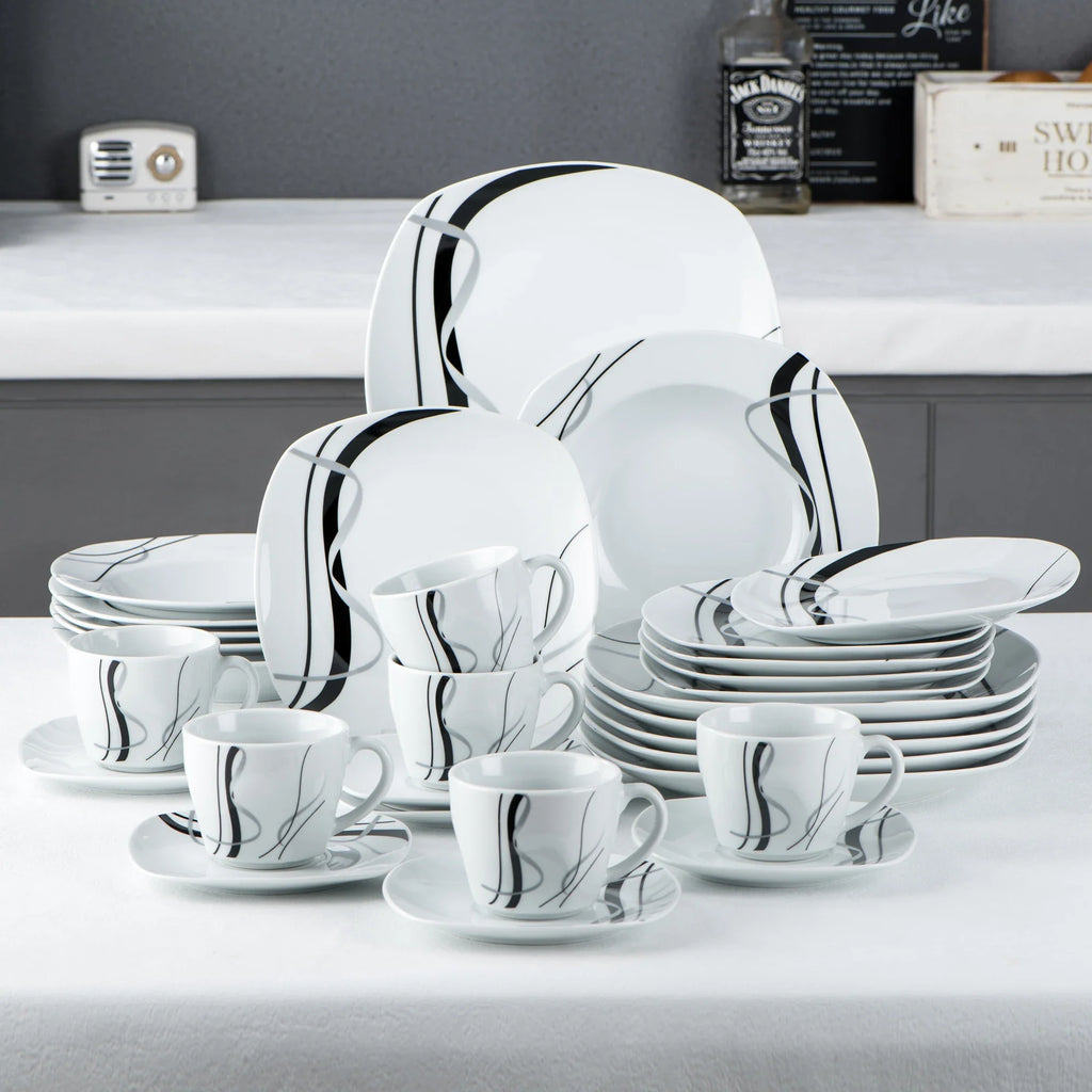 VEWEET FIONA Porcelain Tableware Set – 30/60-Piece Black Line Dinner, Soup & Dessert Plates with Cups & Saucers