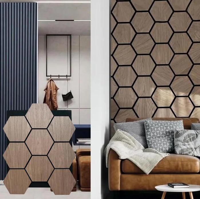Hexagon Wood Acoustic Wall Panels – Sound-Absorbing Decorative Wooden Panelling with Felt Back – Easy DIY Installation Set of 4 (65.5cm x 80 cm x 2cm)