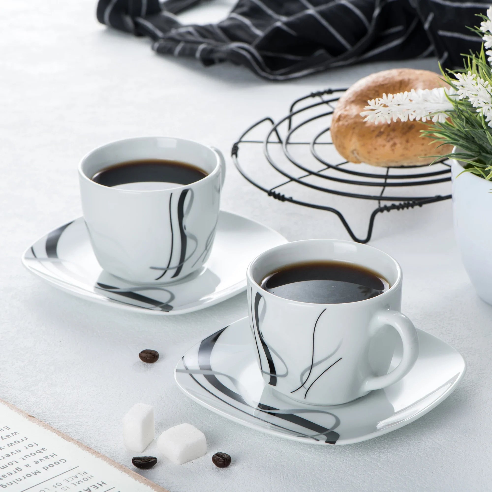 VEWEET FIONA Porcelain Tableware Set – 30/60-Piece Black Line Dinner, Soup & Dessert Plates with Cups & Saucers