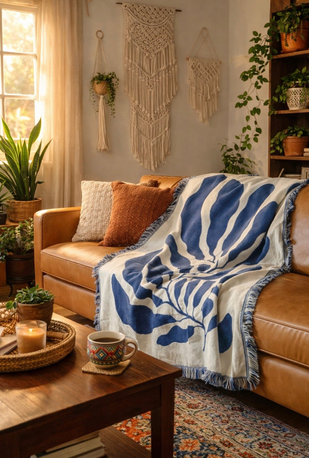 Blue Leaf Embroidered Throw Blanket