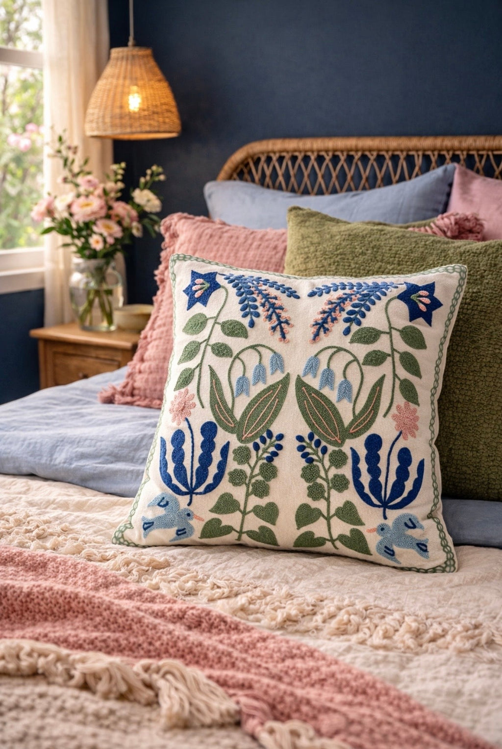 Floral Embroidered Cotton Pillow Cover