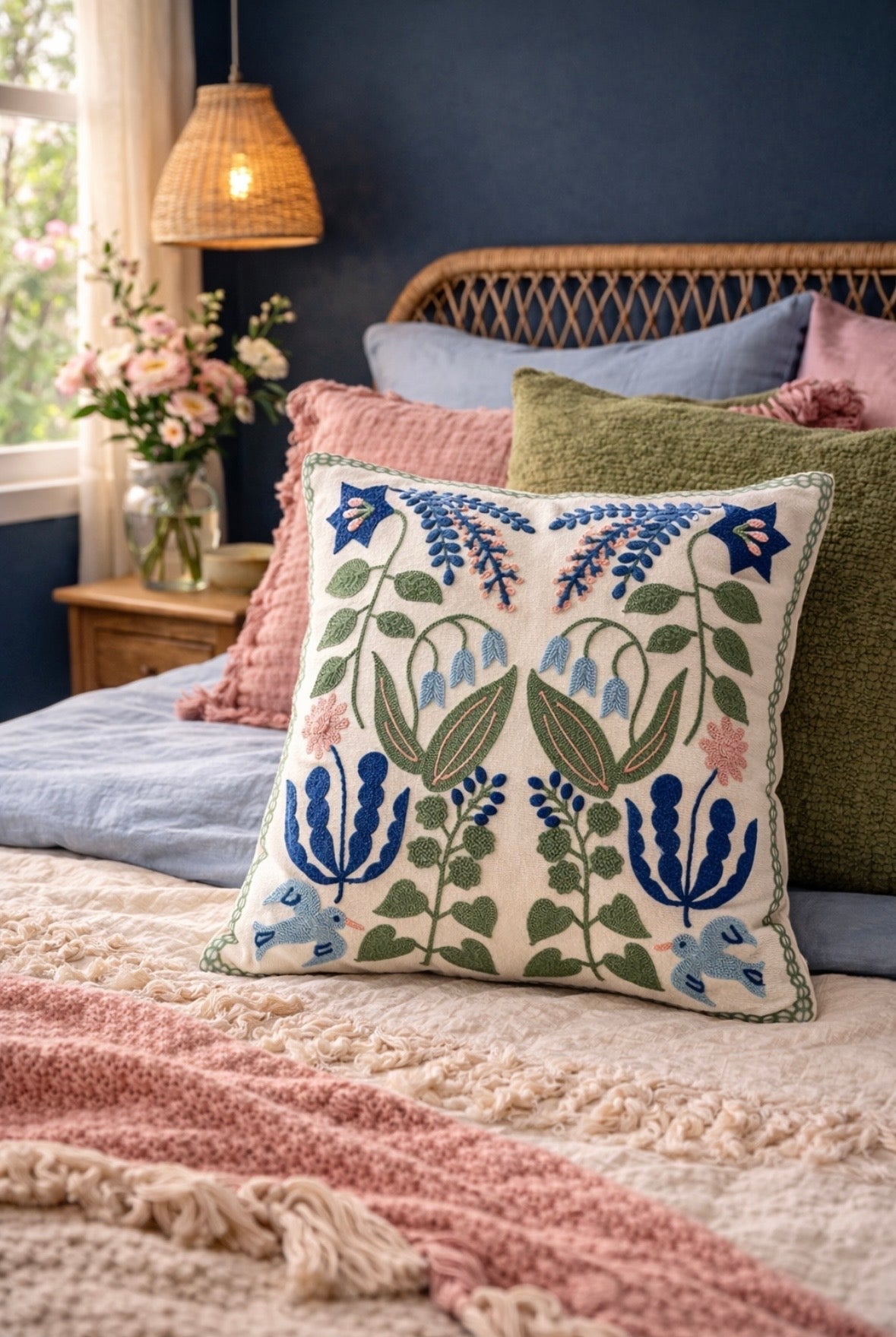 Floral Embroidered Cotton Pillow Cover