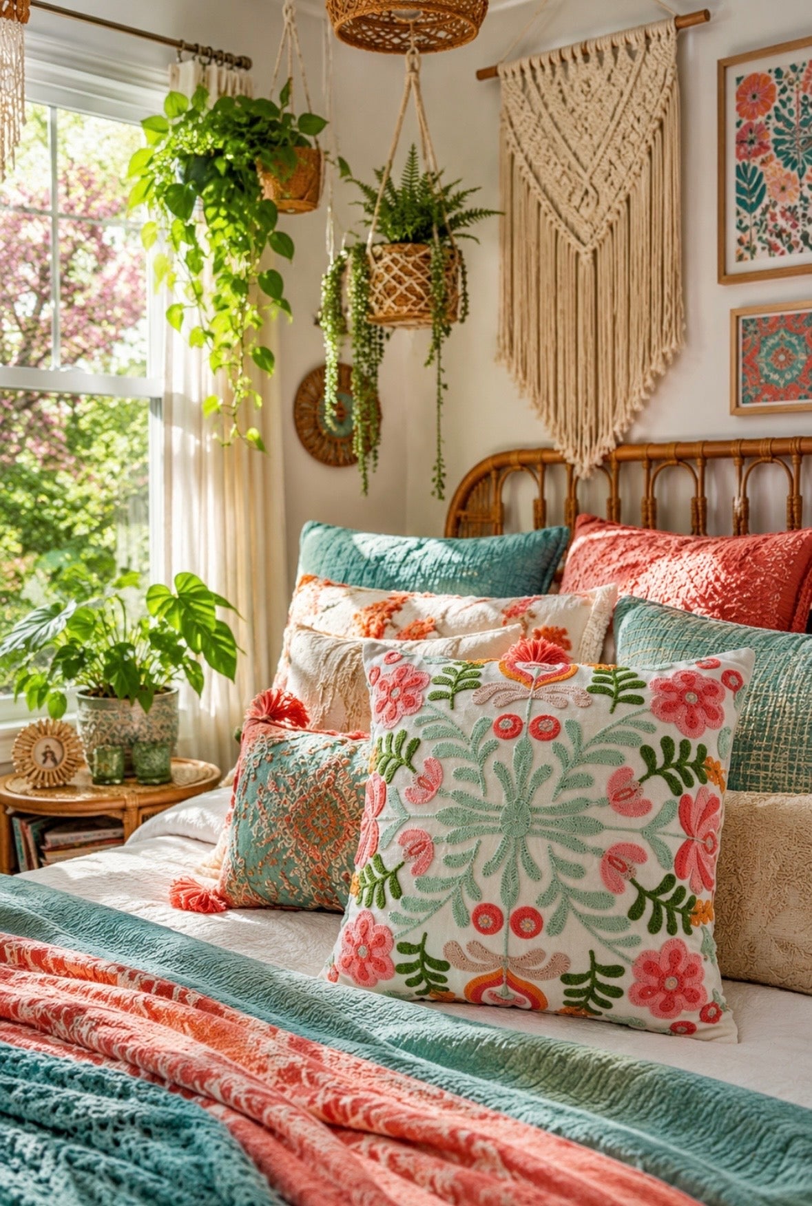 Colorful Flower Embroidery Throw Pillow Cover