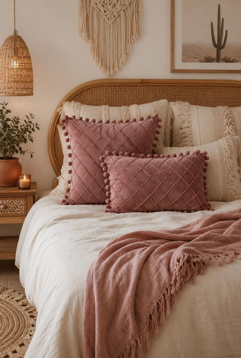 Velvet Crisscross Throw Pillow Cover with Pompoms – Boho Home Decor Accent