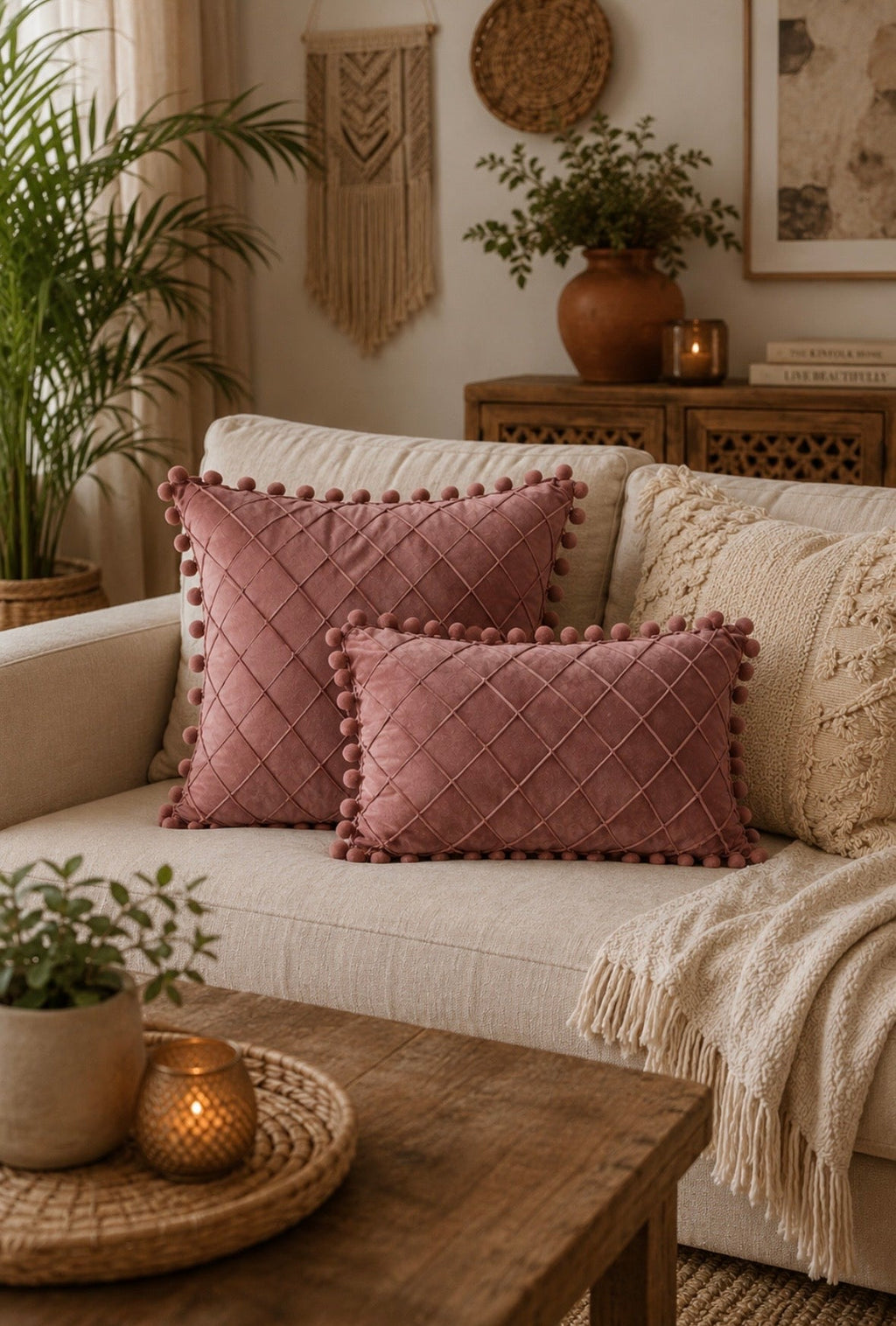 Velvet Crisscross Throw Pillow Cover with Pompoms – Boho Home Decor Accent