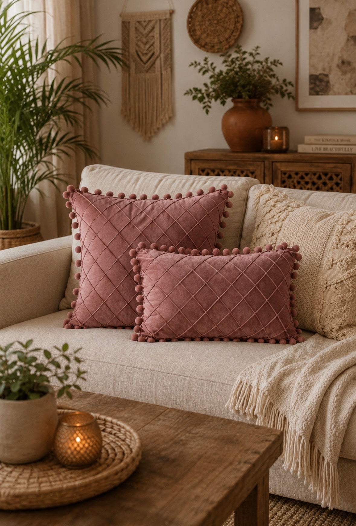 Velvet Crisscross Throw Pillow Cover with Pompoms – Boho Home Decor Accent