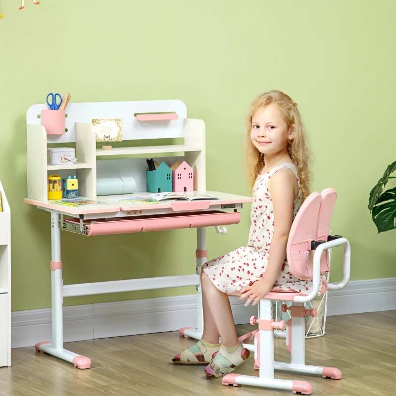 Pink Kids Desk and Chair Set with Adjustable Tabletop – 2 Piece Study Table for Children’s Bedroom or Homework Station