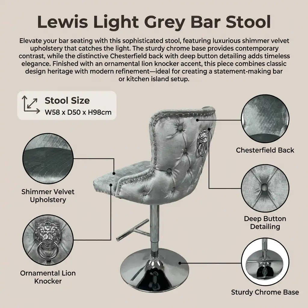 Lewis Velvet Bar Stool with Lion Knocker – Chesterfield Buttoned Bar Chair for Kitchen Island & Breakfast Bar Pair of 2 Stools (Light Grey)