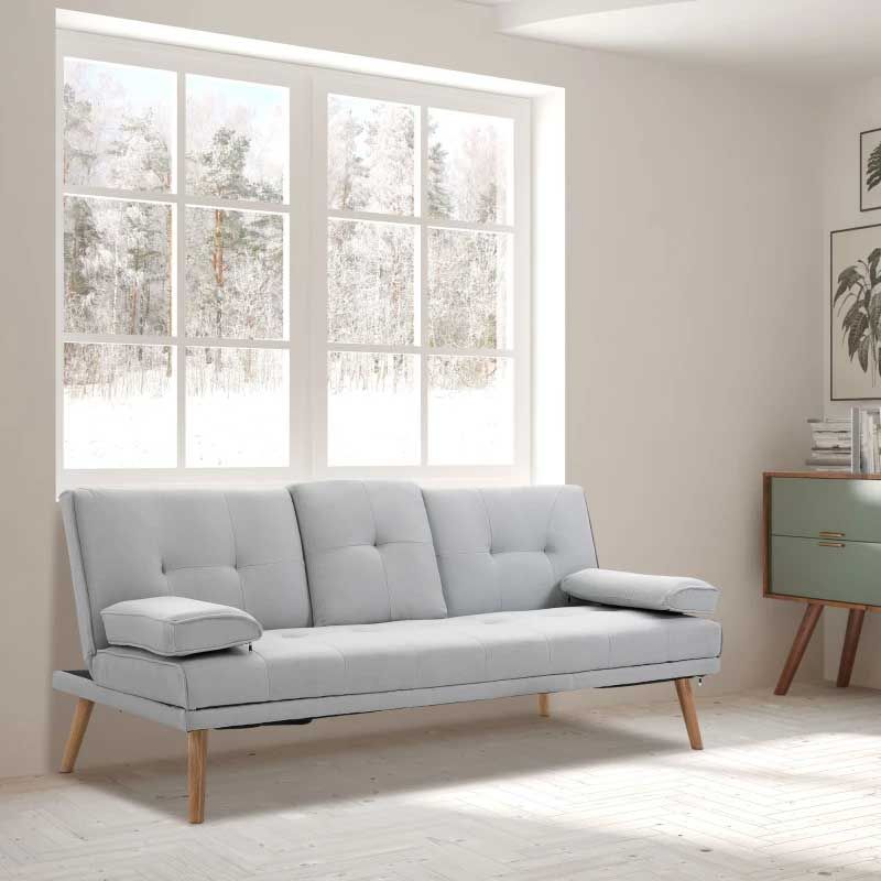 Scandinavian Grey 3 Seater Sofa Bed Recliner with Cup Holders  Modern Fabric Sofa for Living Room UK