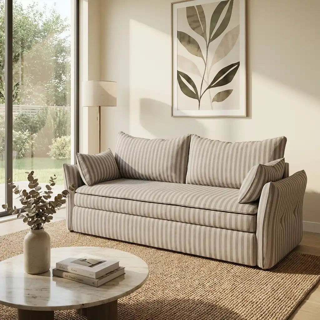 3 Seater Sofa Bed in Beige Striped Chenille with Storage