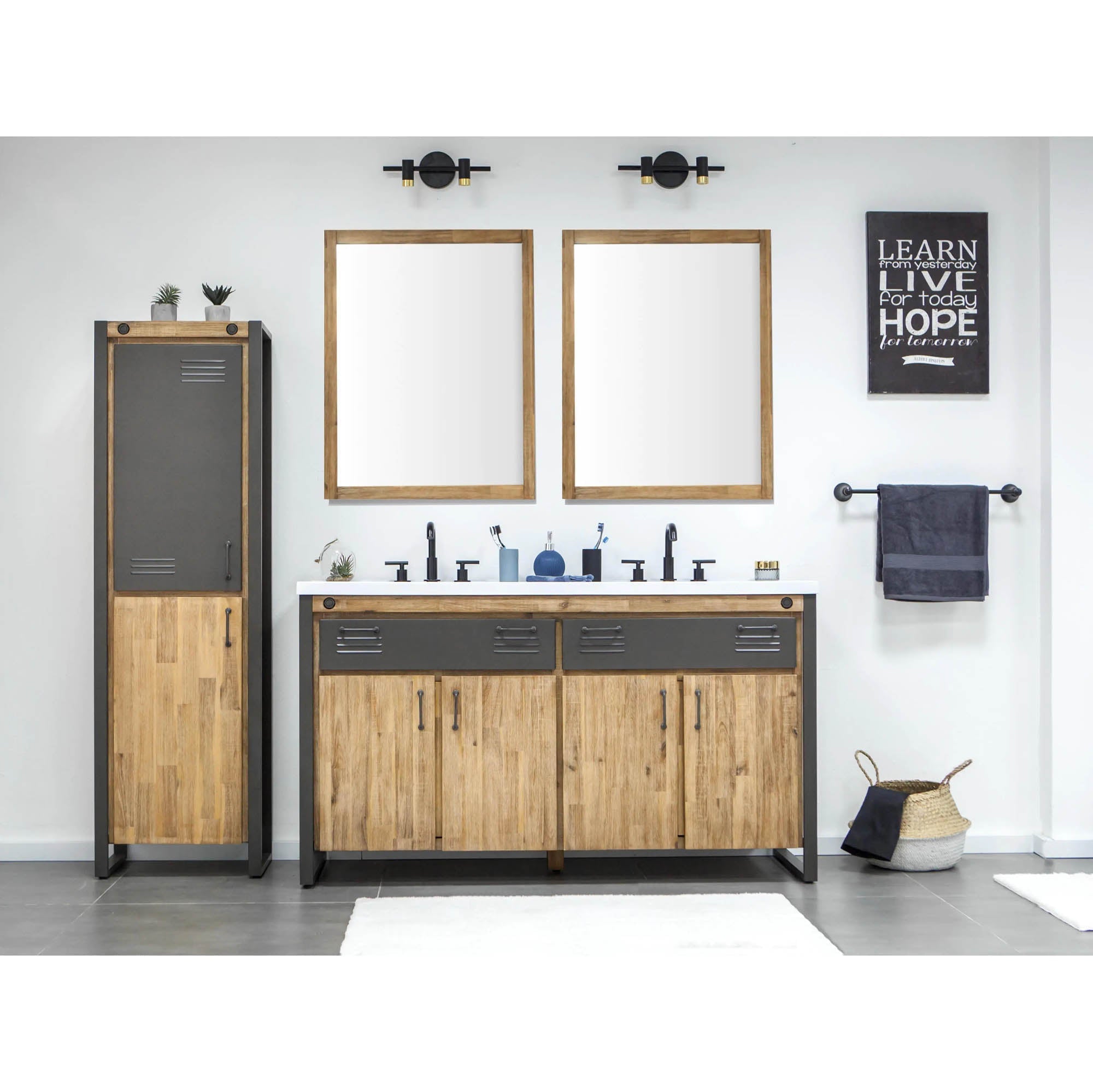 LH Home Irondale Vanity Width 61" in Solid Acacia Wood and Metal with White Basin
