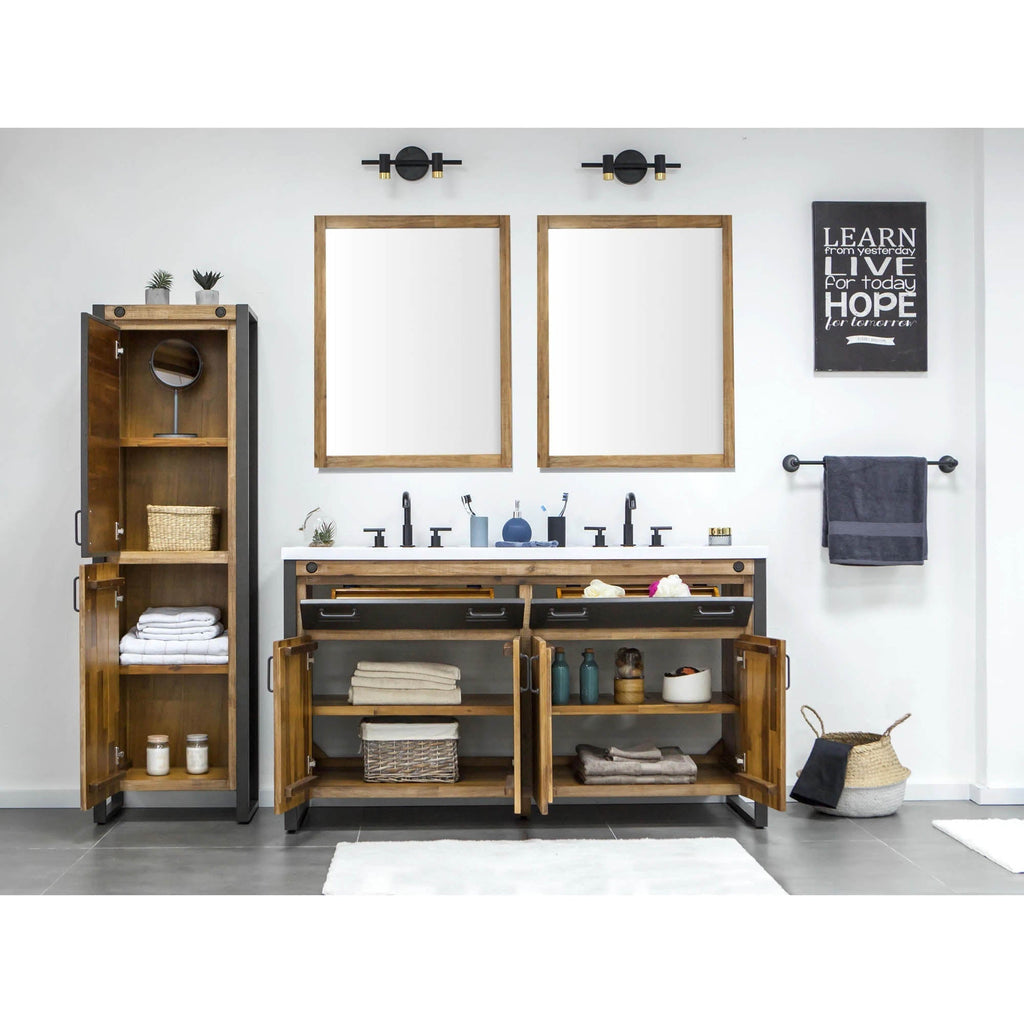 LH Home Irondale Vanity Width 61" in Solid Acacia Wood and Metal with White Basin