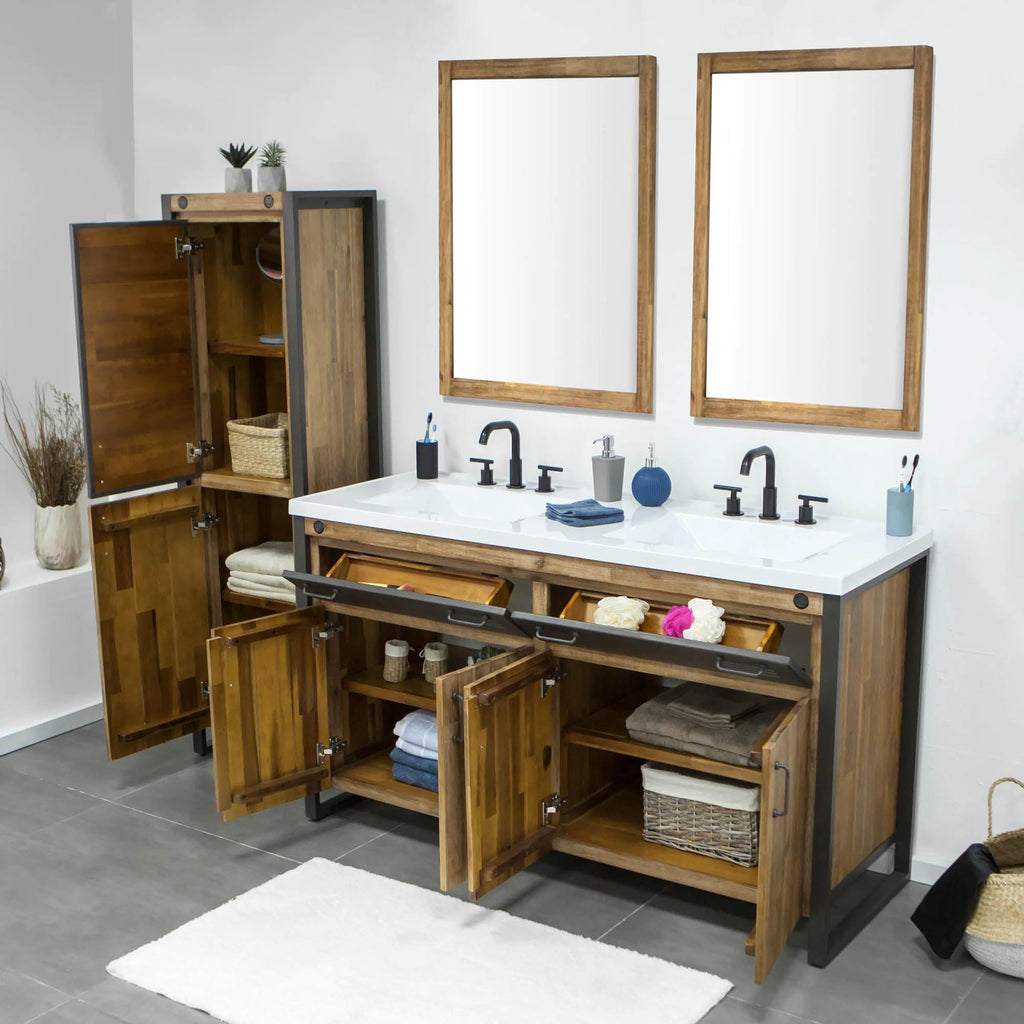 LH Home Irondale Vanity Width 61" in Solid Acacia Wood and Metal with White Basin