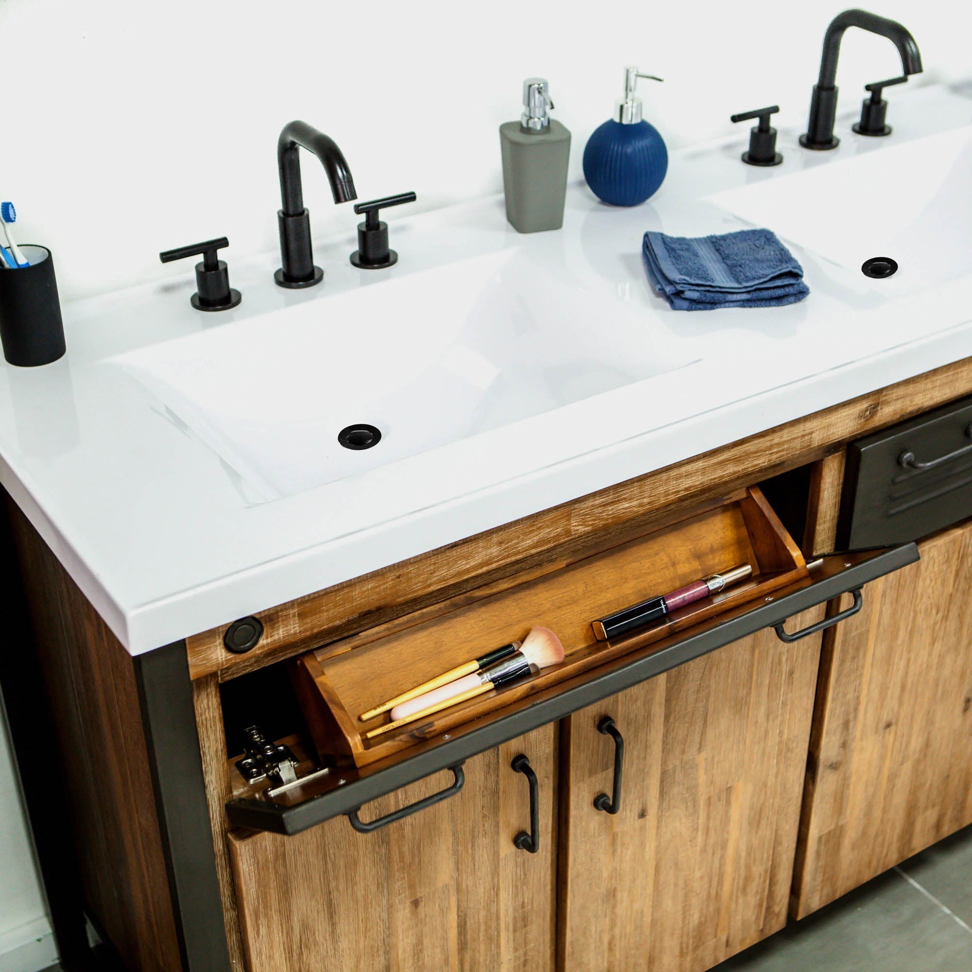 LH Home Irondale Vanity Width 61" in Solid Acacia Wood and Metal with White Basin