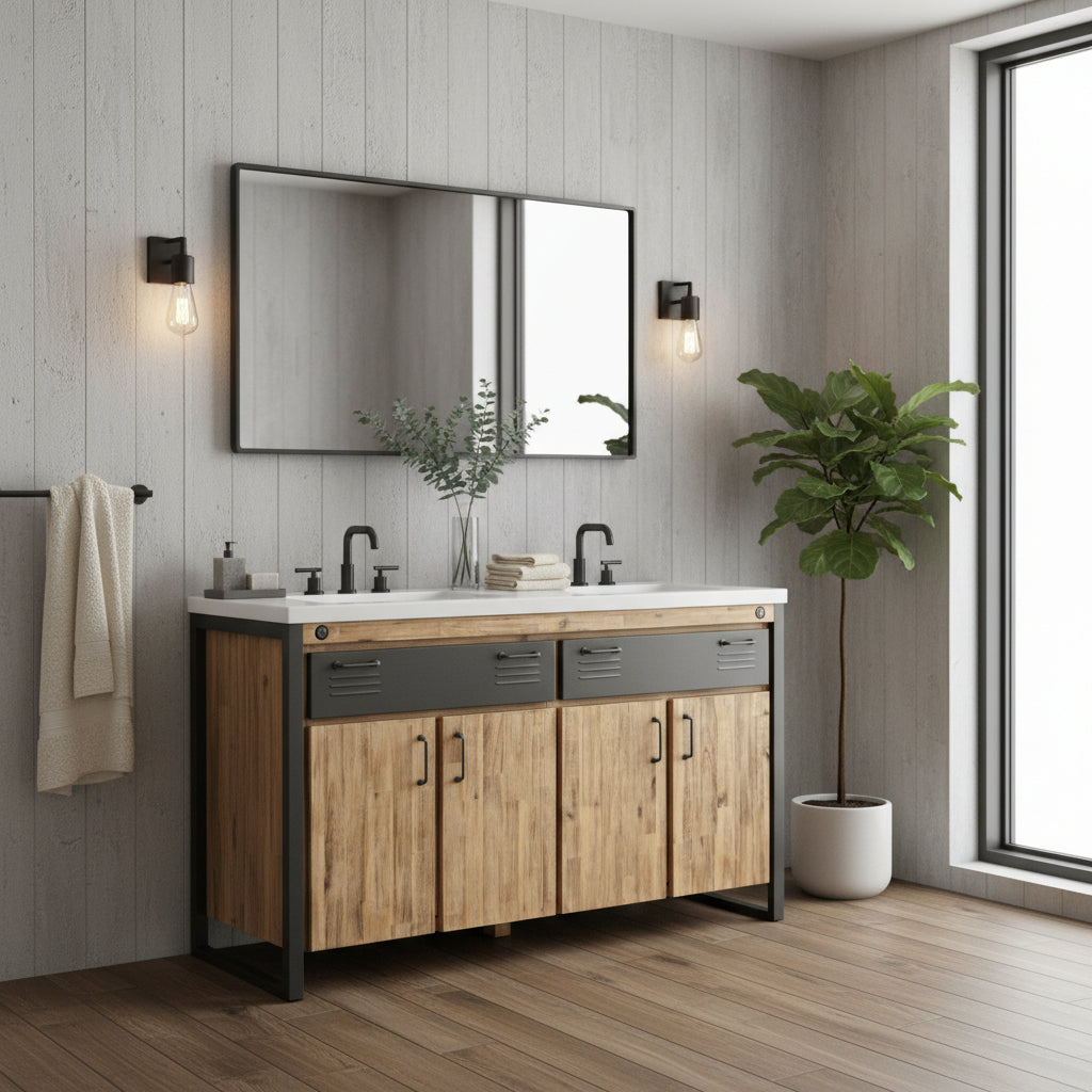 LH Home Irondale Vanity Width 61" in Solid Acacia Wood and Metal with White Basin