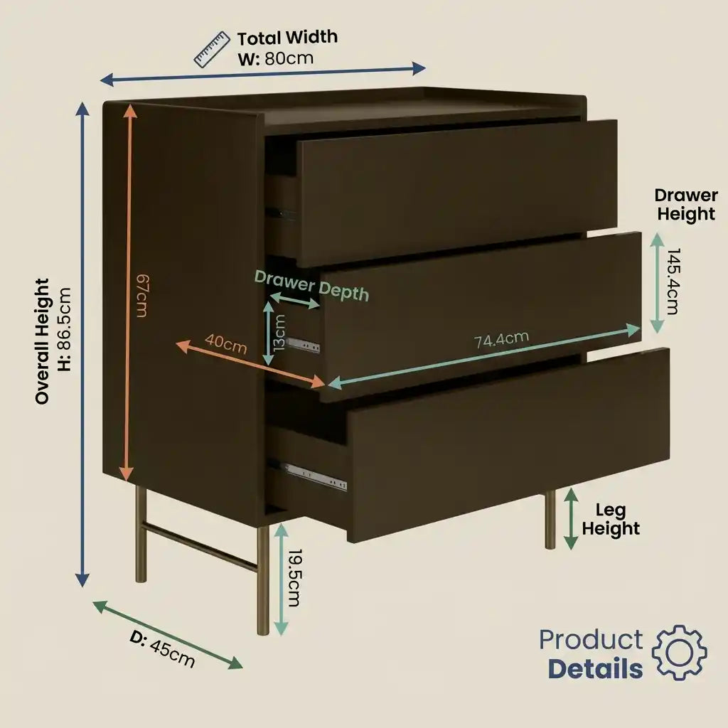 Modern 3 Drawer Chest – Khaki Bedroom Storage Cabinet