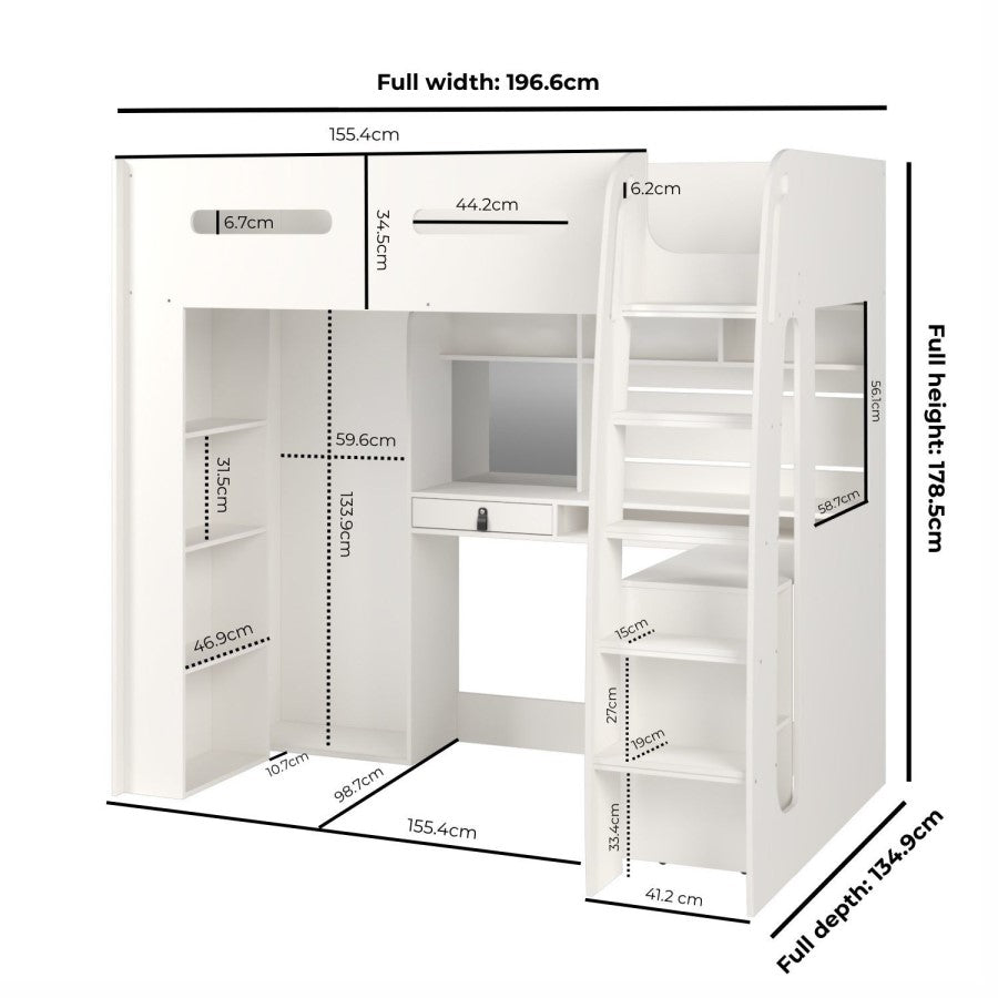 High Sleeper Loft Bed with Desk and Wardrobe in White – Space Saving Kids Bed Frame