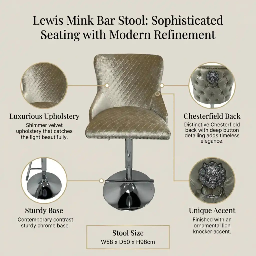 Velvet Bar Stool with Lion Knocker – Chesterfield Buttoned Bar Chair for Kitchen Island & Breakfast Bar Pair of 2 Stools (Mink)
